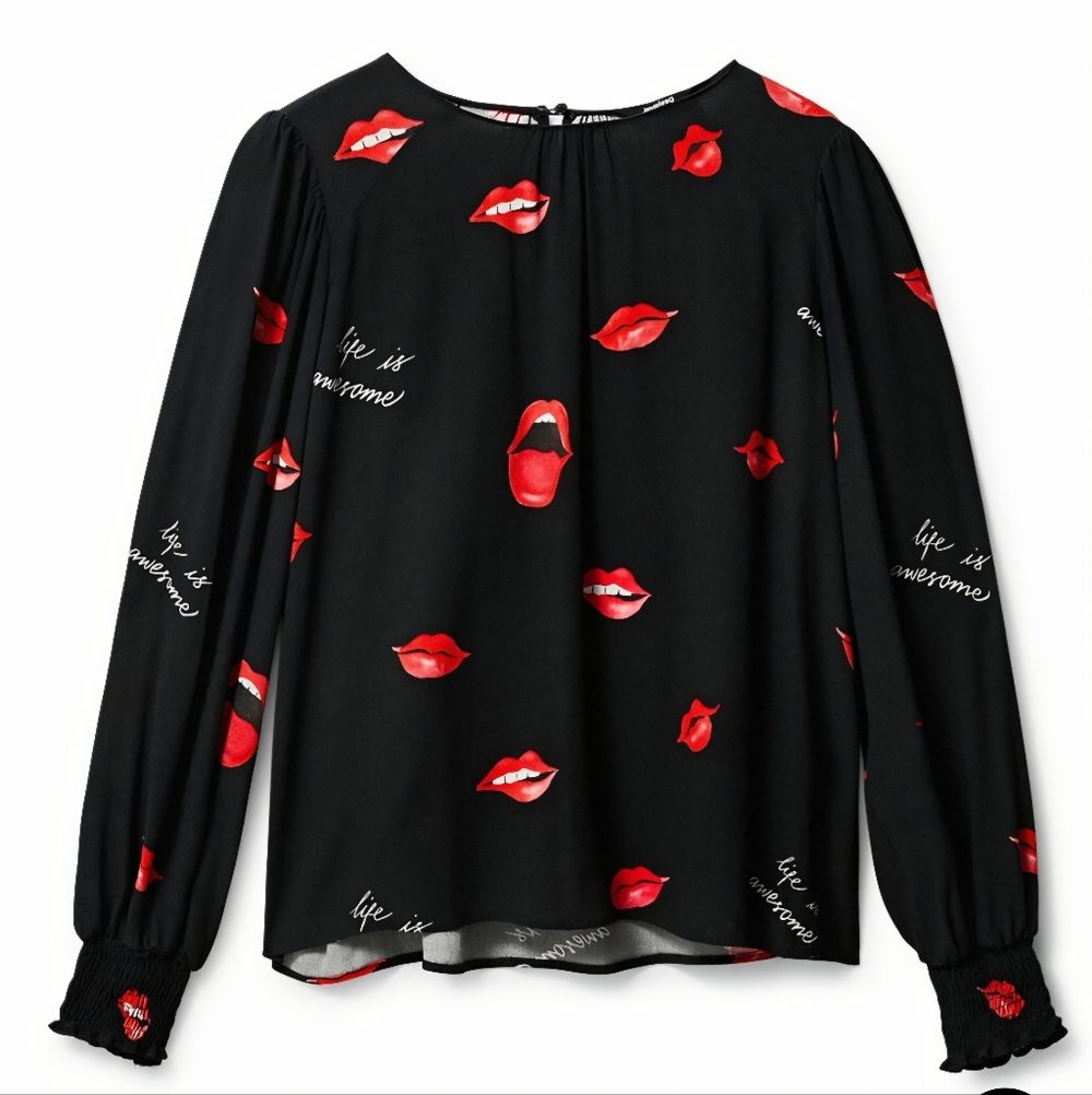 NWT Desigual Sz XS Funky Red Lips Balloon Sleeve Blouse